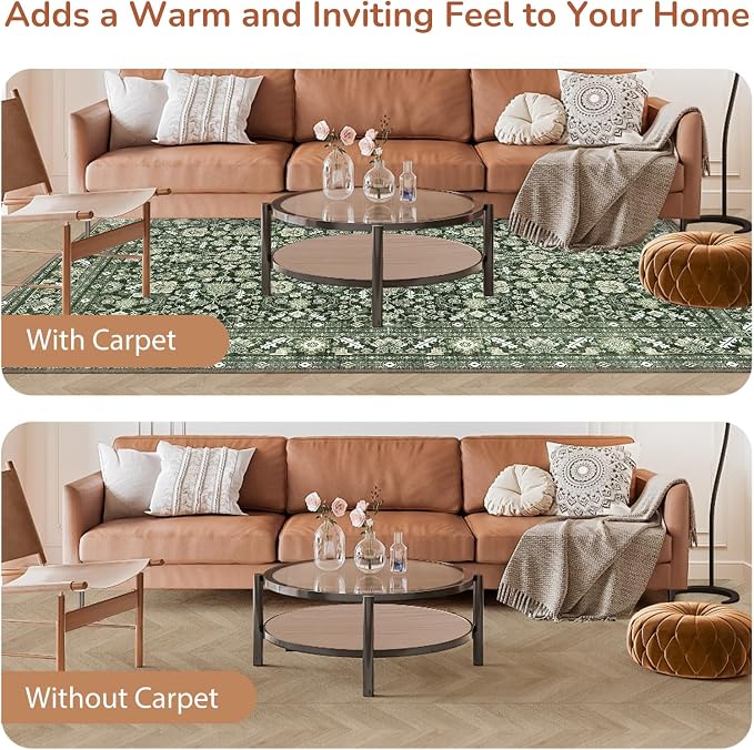 OPPODREAM Low-Pile Area Rugs, Faux Wool Carpet for Living Room, Kitchen, Office, Dorm, Bedroom, Vintage Washable Rug Non Slip, Dark Green, 3'x6'