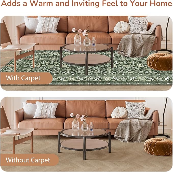 OPPODREAM Low-Pile Area Rugs, Faux Wool Carpet for Living Room, Kitchen, Office, Dorm, Bedroom, Vintage Washable Rug Non Slip, Dark Green, 2'x10'
