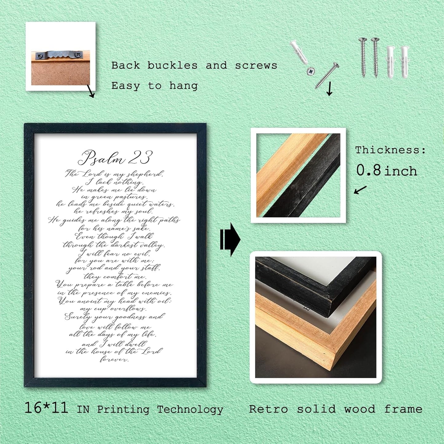 LuZhiQiang Psalm 23 Wall Art Bible Verse 16"×11" Christian Inspirational Scripture Sign Wood Framed Wall Hanging Decor (Black)