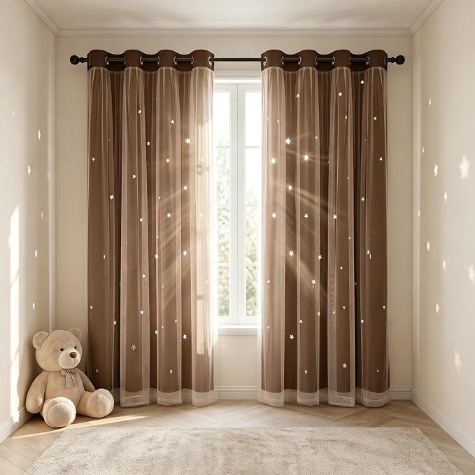 Kids Blackout Curtains for Bedroom/Living Room/Classroom, Sheer Overlay 2 Free Tiebacks, Double Layer Curtains with Star Cutout for Kids Room(Each Piece W 70 x L 95 Inches 2 Pcs Chocolate)