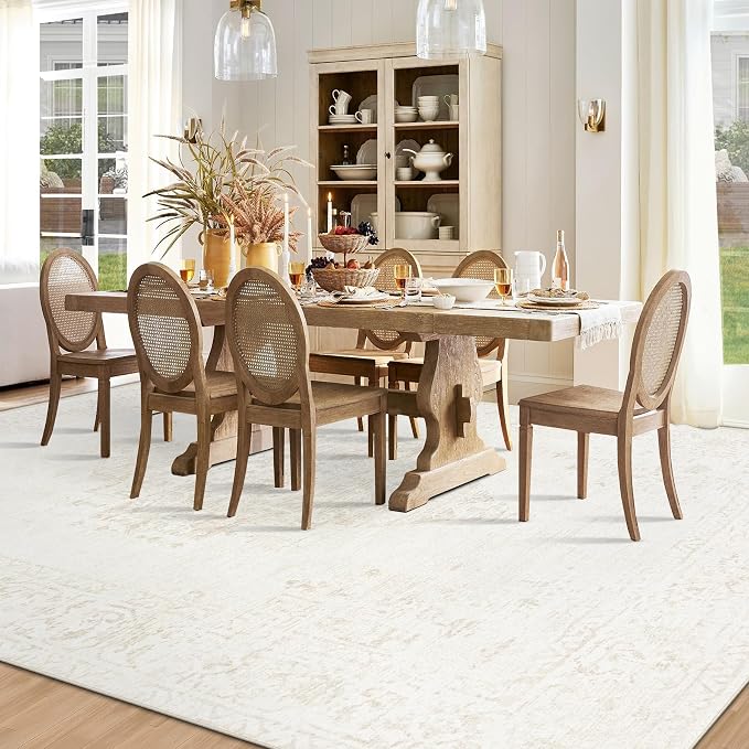 9x12 Area Rugs for Living Room: Washable Vintage Large Retro Rug Soft Non-Slip Indoor Low Pile Carpet for Bedroom Dining Room Office (Beige, 9' x 12')
