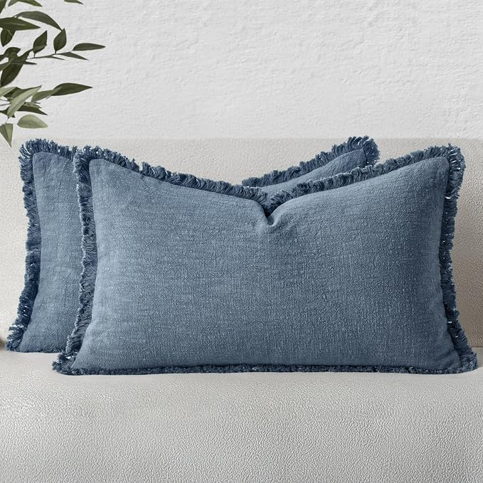 MIULEE Decorative Lumbar Throw Pillow Covers Neutral Linen Fringe Throw Pillows Set of 2 Blue Ashes Boho Farmhouse Cushion Covers for Couch Sofa Bed Living Room Spring Home Decor 12x20 Inch