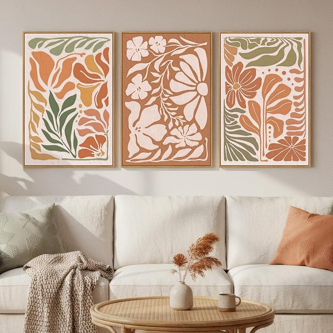 3 Piece Framed Boho Floral Wall Art for Living Room, Large Abstract Botanical Flower Canvas Prints Paintings, Mid Century Modern Wildflower Pictures Artworks Decor for Bedroom Office 16x24 Inch