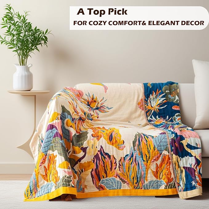 VANJOROY Boho Large Throw Blanket for Bed Couch, 100% Organic Cotton Soft Queen Throw-Floral Butterfly Decor Fall Blanket for Sofa Quilt and Gift, 80" x 90"-Beige