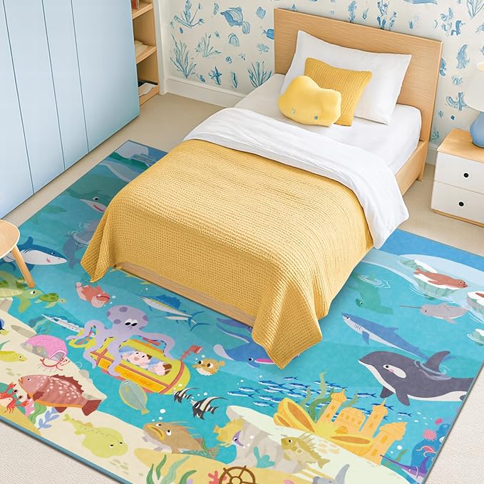5x7 Ocean Rug for Kids Room – Large Area Rug with Beach Wave Whale & Mermaid, Washable Non Slip Learning Carpet for Toddlers, Bedroom or Playroom Décor