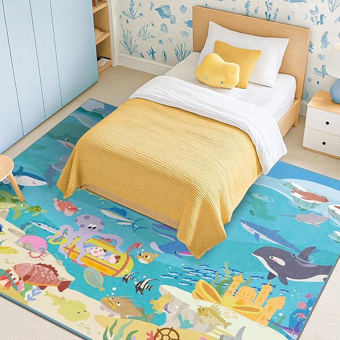 Large Blue Ocean Rug for Kids Room – 8x10 Area Rug with Mermaid & Fish, Washable Non Slip Fun Crawling Carpet for Classroom Elementory, Playroom or Beach Rugs for Bedroom