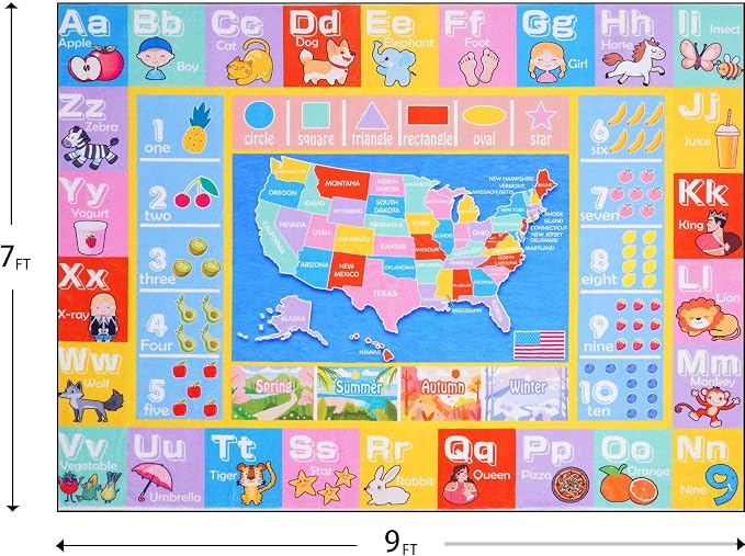 Kids Rugs for Playroom - Soft & Non-Slip 7x9 Feet Educational Rug for Learning ABC Alphabet, Numbers, Shapes & Map, Washable Classroom Rug for Bedroom Nursery & Kids Room Decor