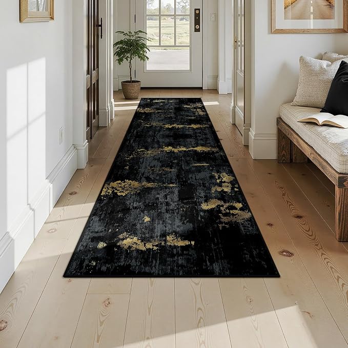 RELEANY Washable Area Rugs 2'6"x10 Non-Slip Modern Abstract Soft for Living Room Entryway Bedroom Kitchen, Print Pattern, Dark Black Gold