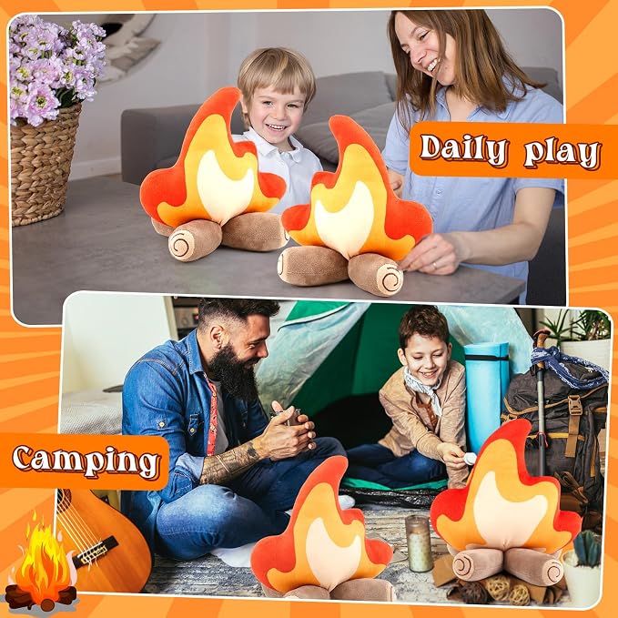 4 Pack Campfire Plush Toys Fake Fire Firewood Plush Pillow for Camping S'More Birthday Party Scene Setting Room Decoration and Woodland Forest Nursery Classroom Decor