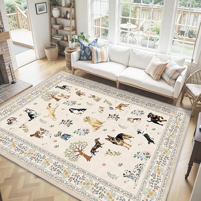 Beige Area Rugs 9x12 Living Room, Washable Dog Rug Non Slip Floral Low Pile Large Rug for Living Room, Bedroom, Farmhouse, Dining Room, Kids Playroom(9 x 12, Beige)