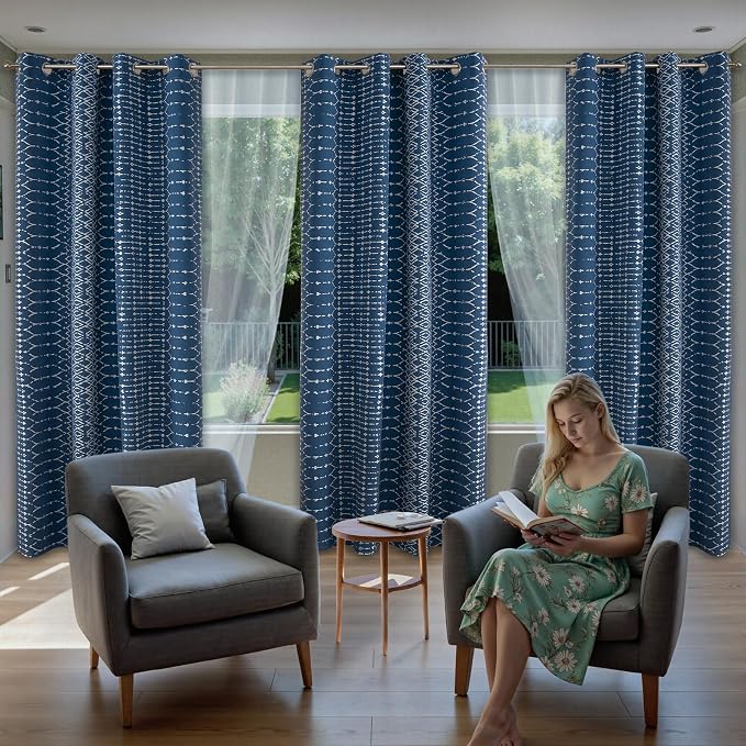 ColorBird 100% Blackout Heat Blocking Boho Curtains for Bedroom Navy Blue and White Sun Blocking Floor to Ceiling Curtains & Panels for Living Room Striped Western Geometric Room Decor