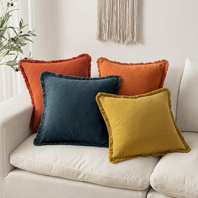 MIULEE Decorative Throw Pillow Covers Neutral Linen Fringe Throw Pillows Set of 2 Burnt Orange Boho Farmhouse Cushion Covers with Tassels for Couch Sofa Bed Living Room Fall Home Decor 20x20 Inch