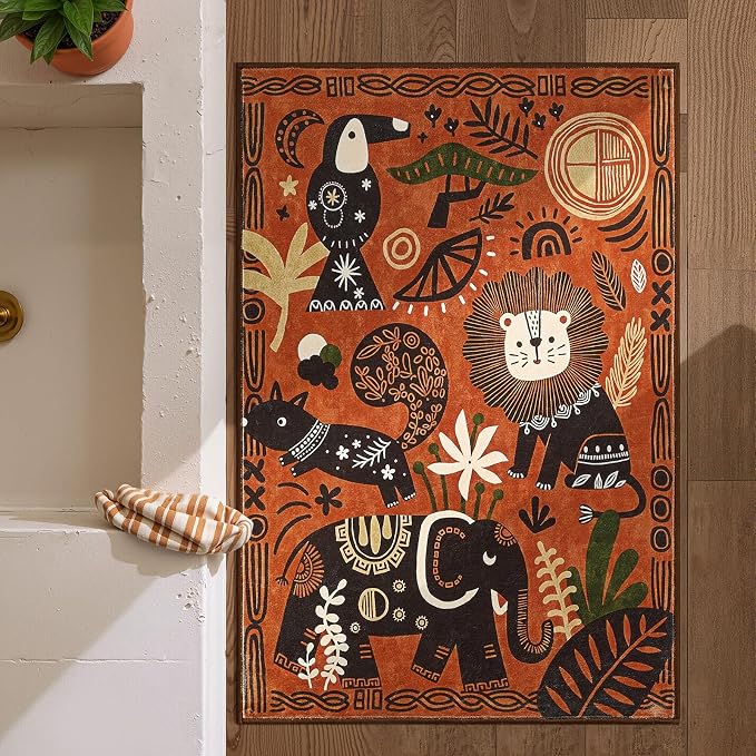 jinchan 2x3 Cute Area Rug Kids Washable Fun Rug Terracotta Boho Jungle Small Mat Non Slip Safari Doormat Lightweight Soft Cozy Throw Carpet for Entryway Nursery Playroom Bedside Bathroom