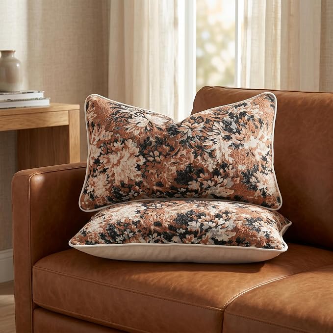 Vintage Floral Throw Pillow Covers 12x20 Inches Set of 2 Lumbar Boho Farmhouse Pillow Cases Premium Chenille Textured Decorative Cushion Covers for Couch Retro Garden Farmhouse Style Caramel