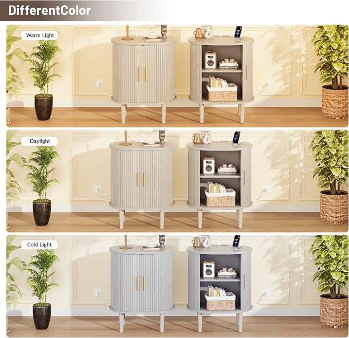 DHH Mid Century Modern Nightstand Set of 2 with Charging Station, Fluted Accent Side Table with Sliding Door & Adjustable Shelf, End Table for Small Space, Living Room, Bedroom,Sofa Couch, White