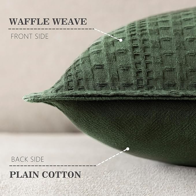 Foindtower Set of 2 Decorative Cotton Waffle Weave Throw Pillow Covers Euro Shams Cushion Covers Accent European Pillowcase for Bed Couch Sofa Bedroom Living Room Home Decor 24×24 Inch Dark Green