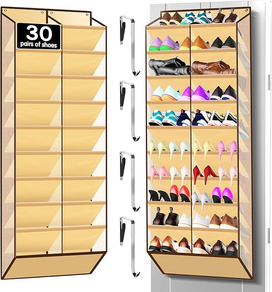 Kotkn 10-Tier Over the Door Shoe Organizer, 20 Pockets Holds 20-30 Pairs, Heavy-Duty Oxford Fabric with Hexagon Mesh for Boots & Sneakers, Beige