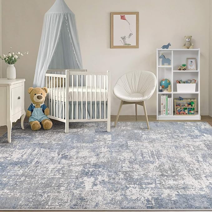 Tortania Washable 10x12 Area Rug for Living Room: Modern Abstract Neutral Large Soft Thin Rugs - Non Slip Indoor Carpet for Bedroom Dining Room Office Nursery Home Floor Decoration - Blue Grey