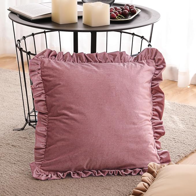 ISAENNE Vintage Dark Peach Square Throw Pillow Covers 22"x22" Set of 2, Solid Color Farmhouse Velvet Decoration Pillow Cover with Ruffles,Throw Pillow Case for Couch Sofa Bed Living Room Car