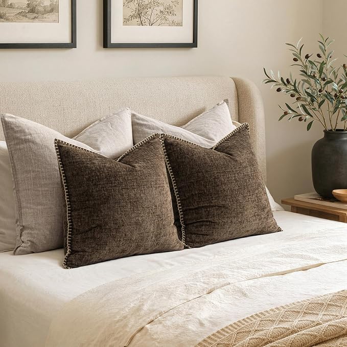 MIULEE Pack of 2 Couch Throw Pillow Covers 20x20 Inch Brown Farmhouse Decorative Pillow Covers with Stitched Edge Soft Chenille Solid Dyed Pillow Covers for Sofa Bed Living Room