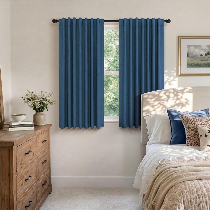 Navy Blue Short Blackout Curtains 54 Inch Length 2 Panels for Bedroom Men Room Decor Darkening Linen Textured Insulated Curtains for Living Room Bathroom Window Dark Navy Midnight Blue Wide 52x54 Long