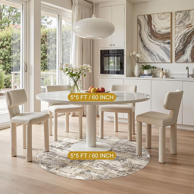 5ft Round Area Rugs for Living Room: 5x5 Abstract Washable Rug Modern Large Soft Stain Resistant Non-Slip Backing Machine Table for Bedroom Dining Room Indoor Home Office Carpet - Gold Brown