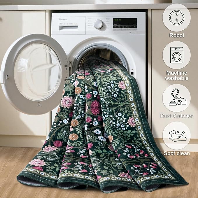 Area Rug Living Room Rugs: Floral 3x5 Washable Rug Vintage Soft Boho Non-Slip Carpet Indoor Floor Stain Resistant Large Carpets for Bedroom Dining Room Farmhouse Nursery Hallway Dark Green