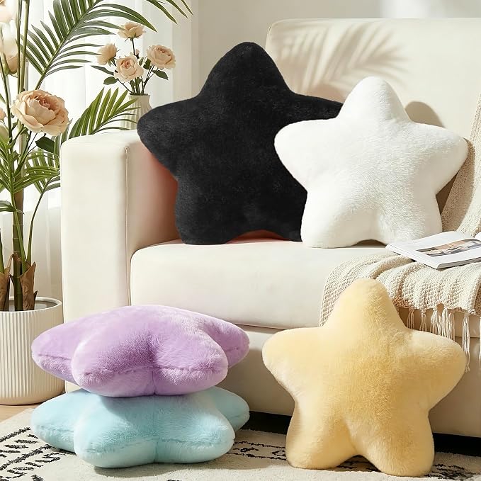 19 Inch Star Shaped Pillow Large Cute Decorative Throw Pillows for Couch Bed Sofa, Aesthetic Soft Faux Fur Floor Cushions for Living Room Bedroom Decor (Black, 19" x 19")