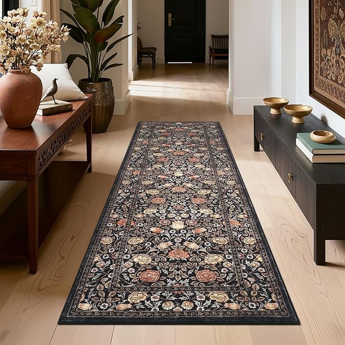 GarveeHome Brown Vintage Floral Small Rug 2x3 Door Mat Indoor Rugs for Entryway Washable Non-Slip TPE Backing Soft Low-Pile Rugs for Bathroom Bedroom Kitchen Entrance