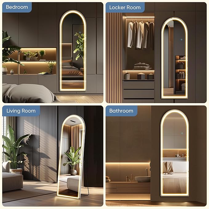 DUMOS Arched LED Mirror Full Length Standing, 63"x20" Full Body Wall Mirror | LED Lights 3 Color Lighting and Shatterproof Tempered Glass, Wall Hanging or Leaning, Floor Standing, Modern Home Decor
