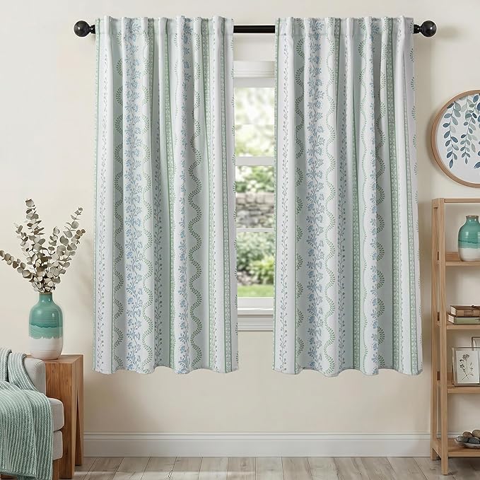 Sage Green Floral Blackout Curtains, Farmhouse Cottagecore Vine Botanical Pattern Drapes, Light Green and White Room Darkening Black Out Curtains for Bedroom Living Room, 63 Inch Length 2 Panel Set