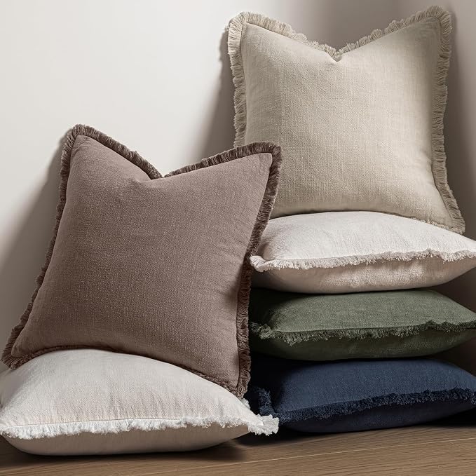 MIULEE Decorative Throw Pillow Covers Neutral Linen Fringe Throw Pillows Euro Shams Set of 2 Malt Ball Boho Farmhouse Cushion Covers for Couch Sofa Bed Living Room Fall Home Decor 26x26 Inch