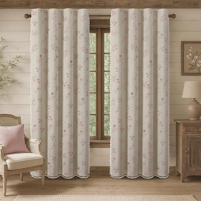 Boho Floral Spring 100% Blackout Curtains 84 Inch Length 2 Panels Set, Linen Texture Farmhouse Curtains with Beige Tassel for Living Room Bedroom, Vintage Rustic Rod Pocket,Pink