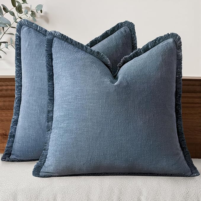 MIULEE Decorative Throw Pillow Covers Neutral Linen Fringe Throw Pillows Set of 2 Blue Ashes Boho Farmhouse Cushion Covers with Tassels for Couch Sofa Bed Home Spring Decor 16x16 Inch
