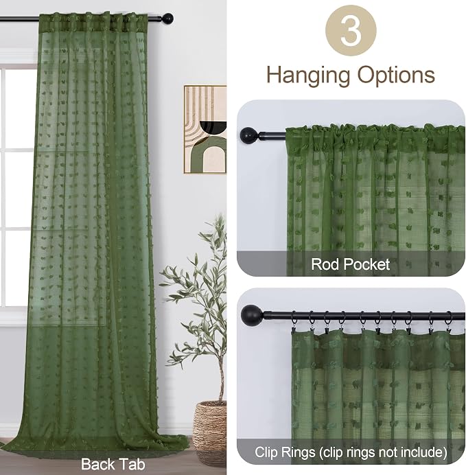 Olive Green Sheer Curtains 108 Inch Long Boho Pom Pom Pattern Design Curtain for Bedroom Living Room Farmhouse Sheer Baby Nursery Christmas Green Window Drapes Back Tab 52x108 Inch Length Set of 2