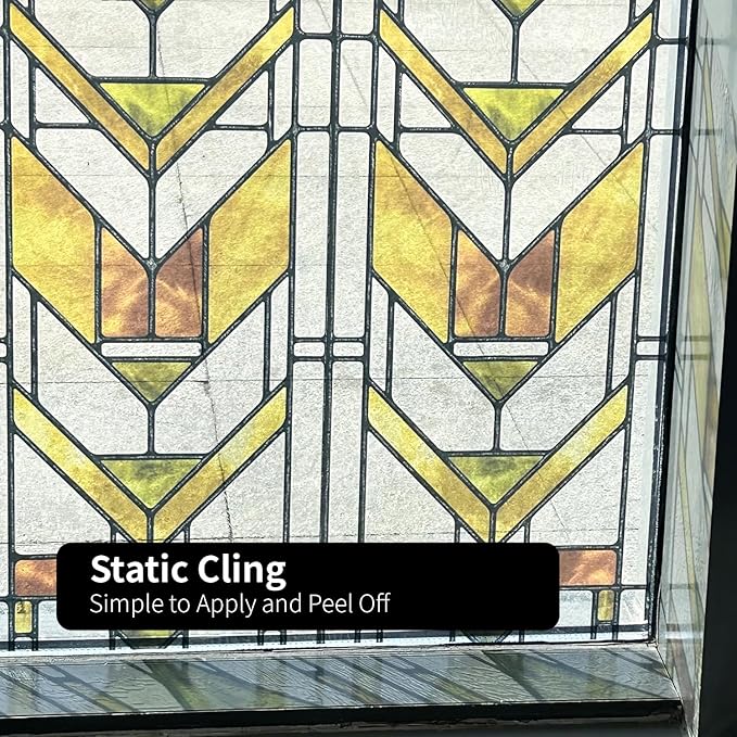 Faux Stained Glass Effect Transparent Window Film, Original Hand Drawn Static Cling Home Decal Inspired by Frank Lloyd Wright, 16.93" x84.65" Martin House, Boho