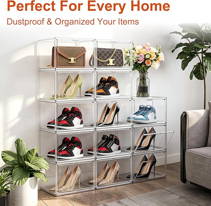 Clear Acrylic Shoe Storage Boxes 12 Pack, Size 14 Stackable Shoe Organizer with Magnetic Door, Space-Saving Sneaker Containers for Closet, Entryway, Transparent Display Case for Boots & Shoes
