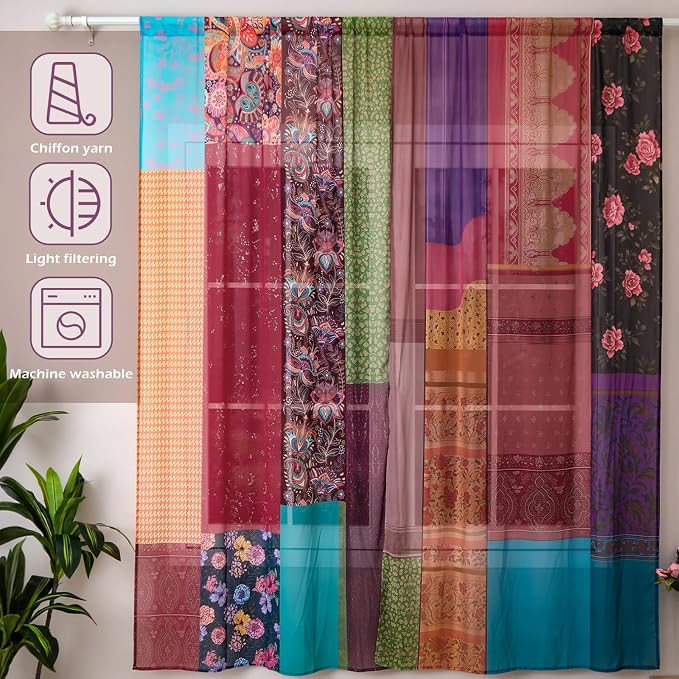 Oudain 2 Pairs Indian Old Silk Blend Sari Curtains 82 x 82 Inches Indian Imitation Patchwork Curtains Vintage Silk Blend Sari Multi Color Handmade Drapes Home Livingroom Bedroom Decor Curtain Panels