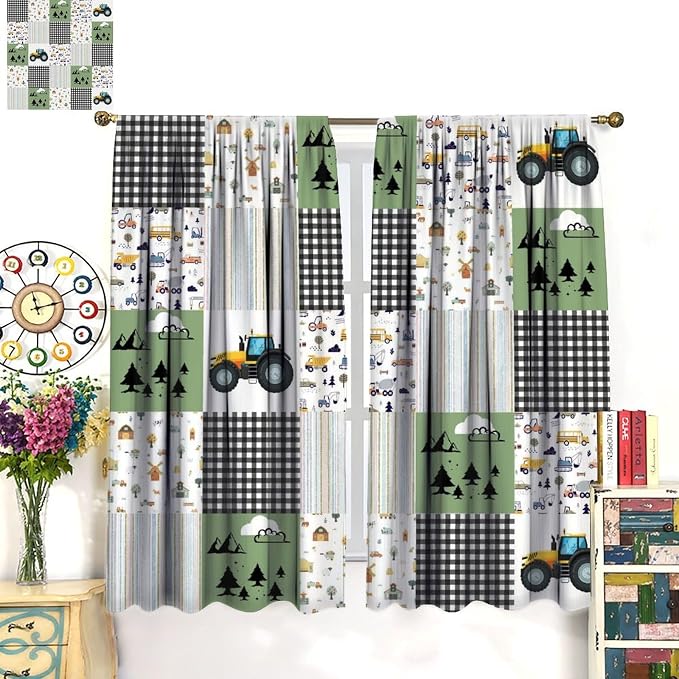 Cartoon Car Blackout Curtain,Kids Construction Truck Tractor Grid Stripes Farm Rustic Curtains Dining Room Living Room Kitchen Cafe Bedroom Office Nursery Drapes,52x96 in