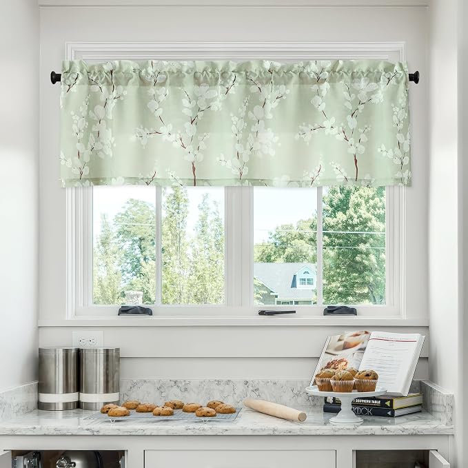 FMFUNCTEX Green Window Valance Curtains for Living Room White Floral Print on Canvas Kitchen Valance for Bathroom Basement Window Top Botanical Blossom 54” W x 15" L 1 Panel