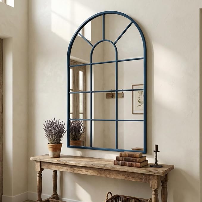Blue Framed 48x28Inch Arched Window Pane Mirror| Arched Mirrors for Wall & Floor | Arch Mirror Full Length for Entryway Living Room & Bedroom | Oversized Mirrors | Wall Art Decorative |Farmhouse