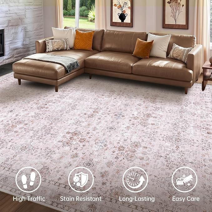 Sasttie 6x9 Area Rugs, Ultra-Soft Washable Rug, Low Pile Foldable Thin Carpets with Non-Slip Backing, Skin-Friendly Stain Resistant Carpet for Living Room, Bedroom, Kitchen, Dorm, 6x9, Pink