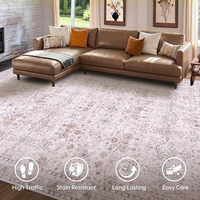 Sasttie 4x6 Area Rug, Ultra-Soft Washable Rug, Low Pile Foldable Thin Carpets with Non-Slip Backing, Skin-Friendly Stain Resistant Carpet for Living Room, Bedroom, Kitchen, Dorm, 4x6, Pink