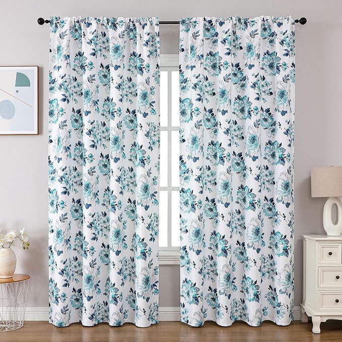 Joydeco Printed Curtains 84 inches Long,Blue Floral Blackout Curtains for Living Room 2 Panels,52 x 84 inch Rod Pocket Thermal Insulated Bohemian Drapes for Farmhouse,Bedroom,White