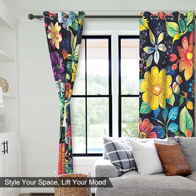 Boho Floral Blackout Curtains 84 Inch Long 2 Panels Set, Grommet Black Out Window Drapes with Curtain Tiebacks, Thermal Insulated Farmhouse Patterned Light Filtering Curtains for Bedroom Livingroom