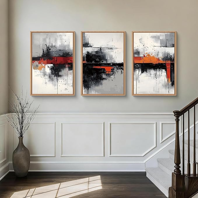 HOURIA Modern Abstract Framed Canvas Wall Art Set,Neutral Black and Orange Wall Decor,Textured Gray White Wall Painting,Pastel Strokes Art Prints for Living Room, Bedroom, Farmhouse-16 x24 x3