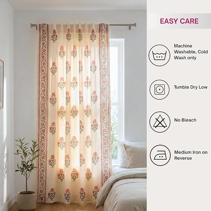 ATOSII 100% Cotton Single Panel Block Print Curtain, Easy Hanging with Rod Pocket & Loop, Living Room, Dining Room, Bedroom Light Filtering Boho Curtains, Set of 1, 60" W X 108" L, Flora Pink Poppy
