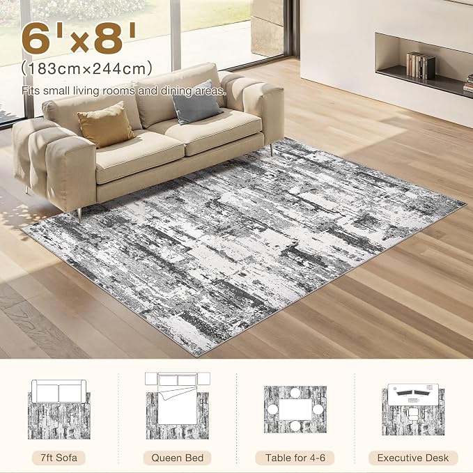 Area Rugs for Living Room: 6x8 Abstract Washable Rug Modern Neutral Large Soft Stain Resistant Non-Slip Backing Machine Table for Bedroom Dining Room Indoor Home Office Carpet - Black Grey