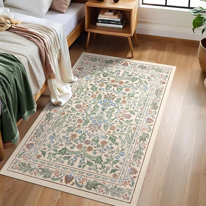 Floral Indoor Entrance 3x5 Area Rug, Washable Vintage Boho Entryway Rugs, Low Pile Non Slip Soft Carpet for Kitchen, Bedroom Beside, Laundry Room, Office Rug, Kids Room, Nursery Room， Beige Green