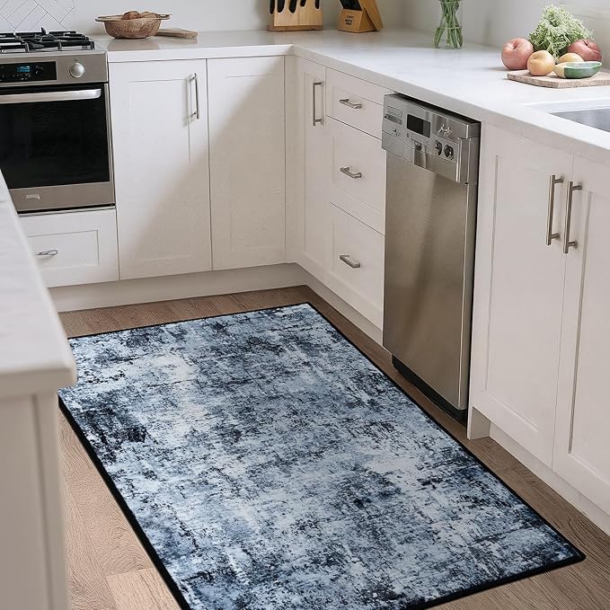 Rugflix 3x5 Entrance Rugs, Entry Rug Washable Non-Slip Stain-Resistant Low Pile, Small Modern Dark Carpet for Living Room Bedroom Indoor, Navy Blue/Black